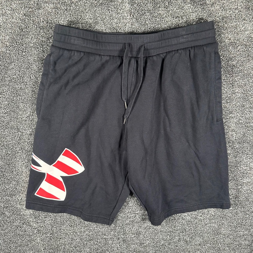Under Armour Shorts Mens Large Rival Fleece Black USA Flag Logo Athletic Train